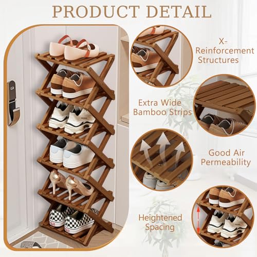 Comeon Bamboo Shoe Rack, Foldable Vertical Shoe Rack for Front Door Entrance Narrow Shoe Organizer Small Shoe Shelf for Entryway Shoe Storage Closet Multi-Tier (Brown Colors,6 Layers) - size: 6 Layers