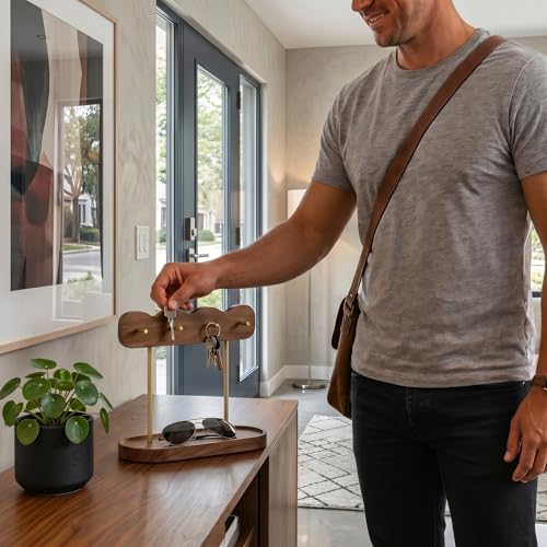 Luxury Walnut Wood Key Stand – Wave-Designed Entryway Organizer with 4 Gold Hooks, Multi-Functional Valet Tray for Keys, Jewelry & Accessories, Minimalist Decor for Entry Table