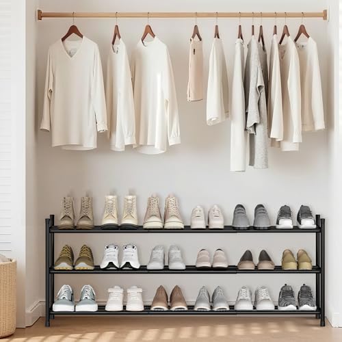 STORAGE MANIAC Long Expandable Shoe Rack, 18 Pairs Metal Wide Stackable Shoe Rack, Adjustable Shoes Shelf, Freestanding Shoes Organizer for Closet, Entryway, Hallway, Garage, Front Door, 3 Tiers - size: 3-tier