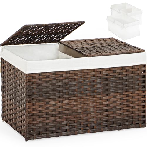 SETVSON Storage Basket with Lid Wicker Baskets for Storage with 2 Separate Lid 42.3 Gallon (160 L) 29.9 x 17.3 x 18.1 Inches Rattan Woven Large Wicker Basket with 2 Liners for Bedroom Laundry Brown - color: Brown, size: 160L-29.9L*17.3W*18.1H