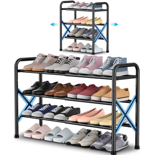 YEASHEIN 3-Tier Expandable Shoe Rack for Closet Floor, X-Frame Metal Small Shoe Rack for Entryway, Adjustable Shoe Shelf Organizer, Free Standing Shoe Racks for Front Door Entrance, Garage - Black - color: Black, size: 3 Tier