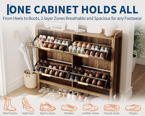Garvee Farmhouse Rattan Shoe Cabinet, 47 Inch Boho Shoes Organizer with 4 Flip Drawers, Freestanding Narrow Shoe Rack for Entryway with Hidden Golden Handles&Adjustable Shelves(Brown) - size: 4 doors