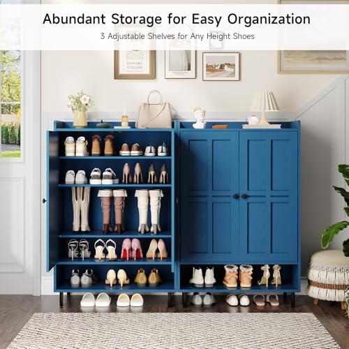 ONBRILL Shoe Cabinet with Cross Molding Doors, 6-Tier Shoe Storage Cabinet with 3 Adjustable Shelves and Metal Legs, 45'' Tall Shoes Rack Organizer Cabinet for Entryway, Front Door, Blue - color: Blue
