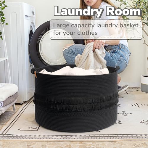 CherryNow 22"x22"x14" Large Blanket Basket, Home Décor for Living Room Bedroom, Boho Decorative Laundry Basket for Clothes, Baby Toy Storage, Black - color: Black, size: 83L (22"W x 14"H)