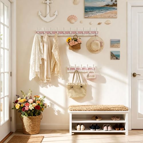 SKOLOO Coastal Wall Mounted Coat Rack - 38-1/8" Beach House Entryway Wooden Coat Hook with 10 Hooks for Hanging Coats, Hats or Towels, Oceanfront Cottage Core Collection, White & Palm Beach Pink - color: Pink & White Plates & White Hook, size: 1 Item-10 H