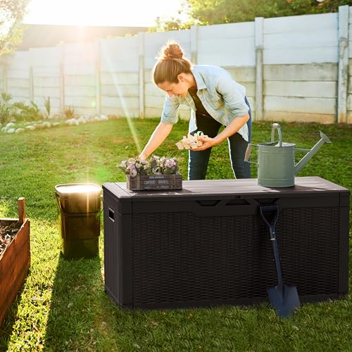 Greesum 100 Gallon Resin Deck Box Large Outdoor Storage, Imitation Rattan Weave Texture for Patio Furniture, Garden Tools, Pool Supplies, Weatherproof and UV Resistant, Lockable, Dark Brown - color: Dark Brown, size: 100 Gallon