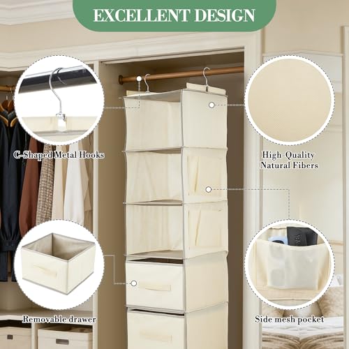 Garvee Hanging Closet Organizer with Drawers, 3-Tier Non-Woven Fabric Storage Shelves, Foldable Closet Organizer for Bedroom, 11.8x11.8x47.2 Inches, Beige - color: Grey