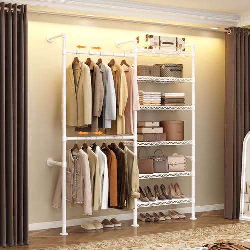 Wall Mounted Garment Rack, Walk-in Closet System with Expandable Rods, Adjustable Shelves, Industrial Pipe Clothing Racks, Hanging Clothes Organizers and Storage, Metal Closet Shelving Wardrobe - color: White