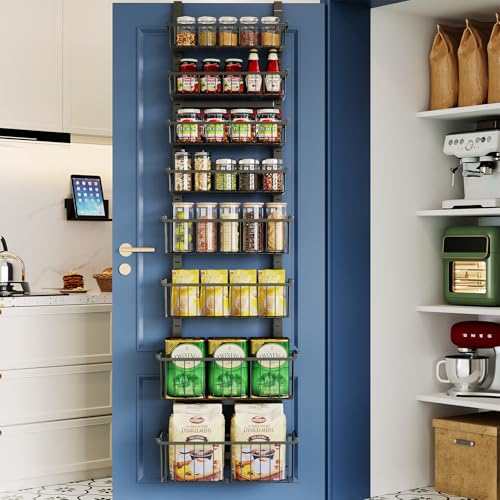Over The Door Pantry Organizer, 8-Tier Over The Door Organizer with Adjustable Baskets, Metal Hanging Spice Rack for Pantry Organizers and Storage, Suitable for Kitchen Laundry Room & Bathroom, Black - color: Black