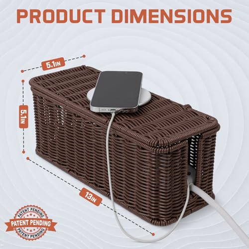 Cable Management Box, Handmade Rattan Cable Organizer with 2 Open Slots, Cord Hider for Power Strip, Router & USB Hub, Registered U.S. Design Patent (D1,112,102), 13" x 5.1" x 5.1", Brown - color: Brown, style: Rectangle