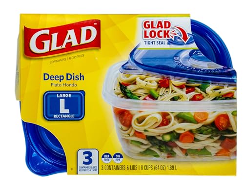 Glad GladWare Deep Dish Food Storage Containers with Lids, Large Rectangle BPA Free Plastic for Soups Salads and Meal Prep, Lock Tight Seal, Microwave Dishwasher Safe, 64 Oz, 3 Count - size: 64 oz - 3 Count, style: Rectangle
