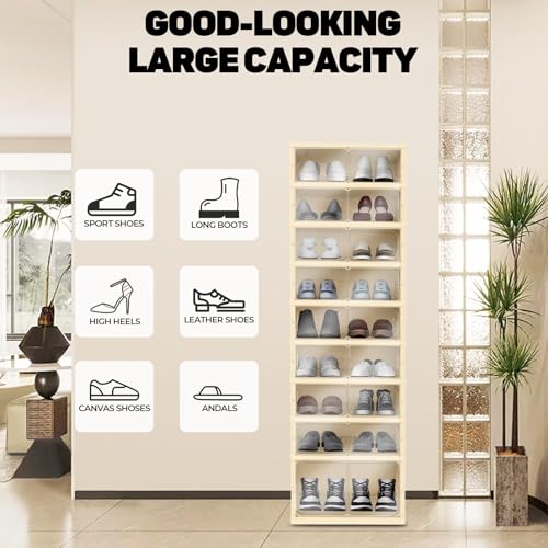 FAHKNS Shoe Storage Box, 9 Tiers Easy Assembly Foldable Plastic Shoe Rack with Clear Door, Stackable Shoe Storage Bins Shoe Organizer for Entryway Closet - color: Beige, size: 9 Tiers 18 Pairs