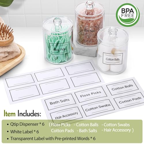 AOZITA 6 Pack Acrylic Qtip Holder Dispenser for Cotton,Swab, Ball, Round Pads, Floss Picks - Clear Plastic Apothecary Jar Set, Bathroom Canister Storage Organization, Vanity Makeup Organizer - color: Clear, size: 6 Pack