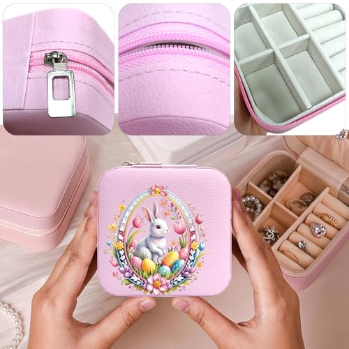 Bunny Pattern Portable Print Jewelry Box, 1pcs Pink Compact Jewelry Box Travel Jewelry Case Travel Case Organizer Bag Storage Box Jewelry Holder For Necklace Earrings Ring Bracelet - color: Easter bunny