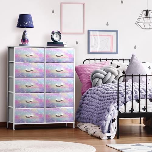 Sorbus Kids Dresser with 10 Drawers - Storage Chest Organizer Unit Nightstand - Steel Frame, Wood Top, Tie-Dye Fabric Bins for Clothes - Wide Furniture for Bedroom, Hallway, Nursery, Closet, Apartment - color: Rainbow Sparkle, style: 10-Drawer