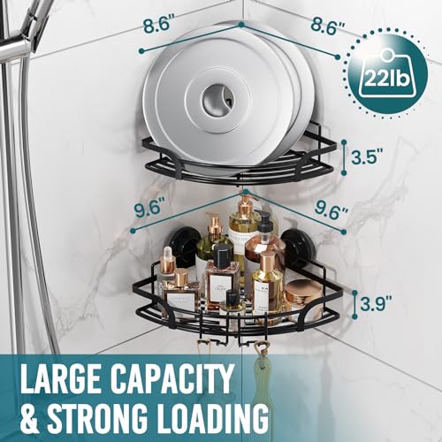 TAILI Powerful Suction Cup Corner Shower Caddy 2 Pack, Stainless Steel Rustproof Shower Shelf with Hook, Drill-free Wall Mounted Basket, Large Capacity Removable Suction Cup Bathroom Organizer, Black - style: Corner Caddy, Black