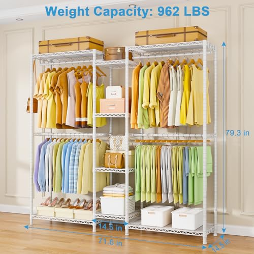 Ulif E4 Clothes Rack, Heavy-Duty Garment Rack, Metal Freestanding Clothing Organization Storage System Can Be L-shaped with Shelves and Hangers, Max Load 962lbs, 71.6" W x 14.5" D x 79.3" H, White - color: White