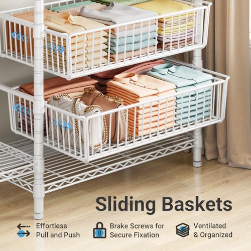 VIPEK V10 Wire Garment Rack 5-Tiers Heavy Duty Clothes Rack Large Size Clothing Rack with 4 Hanging Rods, 6 Wire Shelves and 2 Slid Baskets, 68.9" W x 15.7" D x 76.4" H, Max Load 920 LBS, White - color: White