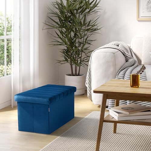 Seville Classics Cushioned Fabric Ottoman Hidden Storage Chest Footrest Chair, Padded Seat for Bedroom, Dorm, Loft, Living Room, Entryway, Hallway, Blue Velvet, 30" Bench - color: Blue Velvet, size: 15.7"D x 30"W x 15.7"H