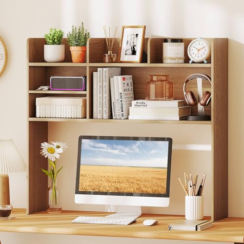 Tangkula Desktop Bookshelf for Computer Up to 32”, 37” Countertop Storage Hutch with 6 Storage Shelves, 3-Tier Desktop Organizer Display Rack, Wooden Desk Hutch for Dorm Home Office (Natural) - color: Natural, size: 6 Shelves