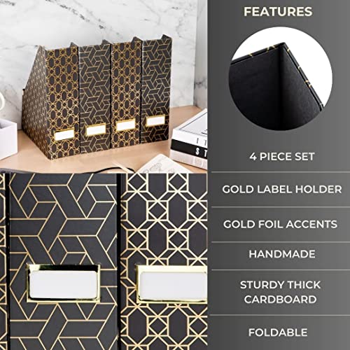 BLU MONACO | Set of 4 Black & Gold Geometric Magazine File Holders with Gold Label Holders | Stylish Vertical File Organizer Boxes for Desk, Bookshelf & Office Storage - color: Dark Grey and Gold