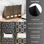 BLU MONACO | Set of 4 Black & Gold Geometric Magazine File Holders with Gold Label Holders | Stylish Vertical File Organizer Boxes for Desk, Bookshelf & Office Storage - color: Dark Grey and Gold