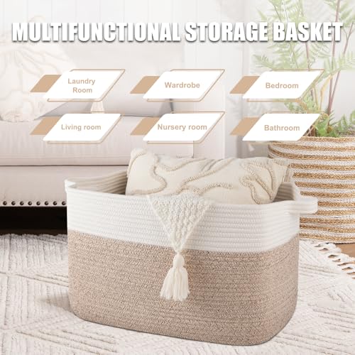 65L Cotton Rope Large Blanket Basket (19.7"x15.7"x11.8") for Living Room, Kids Room & Laundry, Storage Basket with Handle for Organizing Blankets, Pillows, Clothes & Toys, Brown & White - color: Brown & White, size: 19.7"x15.7"x11.8"
