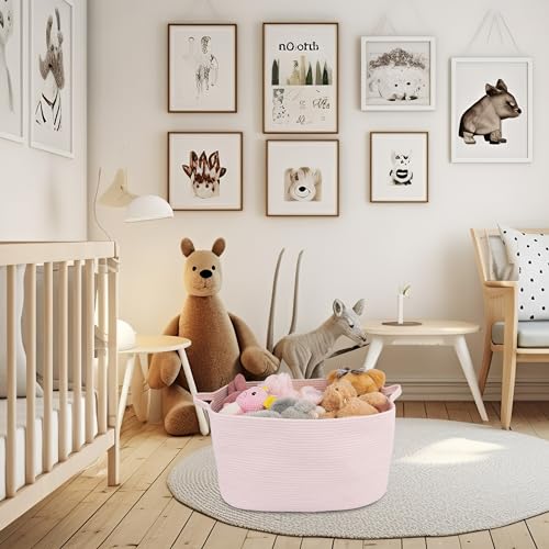 XUANGUO Large Rectangle Blankets Baskets 22"x17"x12" Toy Basket for Kids Woven Cotton Rope Storage Basket for Nursery - Wicker Laundry Baskets for Clothes Towels - Ideal for Living Room Storage pink - color: Pink