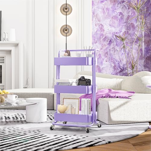 3 Tier Rolling Storage Cart, Metal Rolling Utility Cart with Wheels, Multifunctional Sturdy Organizer for Snack Cart, Craft Art Supplies, Kitchen, Bathroom, Office, Nursery Diaper - color: Purple