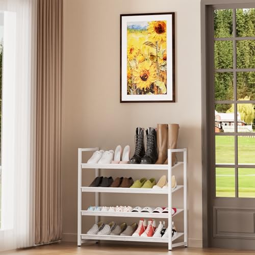 4 Tier Metal Shoe Organizer, Stackable Shoe Stand for Closet, with Adjustable Flat, Holds up to 20 Pairs, Sturdy Shoe Rack for Entryway Bedroom, White - color: White, size: 4Tier