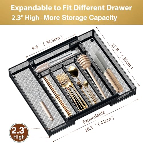 Sedegn Silverware Organizer Metal Mesh, Drawer Organizer, Utensil Cutlery Tray for kitchen drawers,Expandable Flatware Organizer with 7 Compartment Black 9.6"~16.1" x 13.8" - color: Black, size: Expandable 9.6"~16.1" x 13.8"
