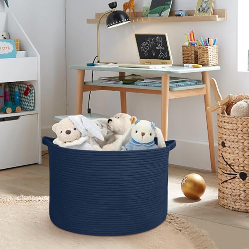 MEGASKET Dark Blue Basket for Organizing, 22" x 14" Extra Large Woven Cotton Rope Laundry Basket, Blanket Storage for Living Room Bedroom, Big Nursery Kids Toy Box Organizer, Pool Towel Storage Bin - color: Dark Blue, size: 22"x22"x14"