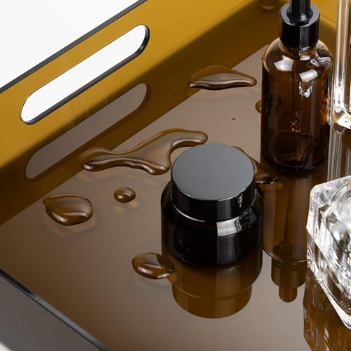 ATZYmolin 16"x12" Large Acrylic Serving Tray Decorative Ottoman Coffee Table Vanity Tray Tea Fruit Platter Snack Appetizer Dessert Drink with Handles for Bar Kitchen Party, Amber - color: Brown - Medium