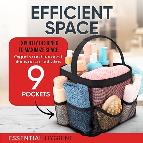 Masirs Shower Caddy Mesh - 9 Pocket Portable Bathroom Organizer Tote for Travel, Gym & Dorm - Collapsible Small Shower Caddy Bag to Hold Toiletries & Essentials (Black) - color: Black