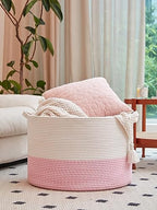 R RUNKA Extra Large Cotton Rope Basket 22" x 14"| Toy Basket - color: White & Pink