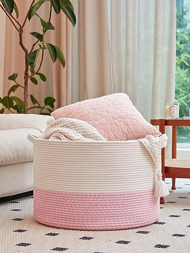 R RUNKA Extra Large Cotton Rope Basket 22" x 14"| Toy Basket - color: White & Pink