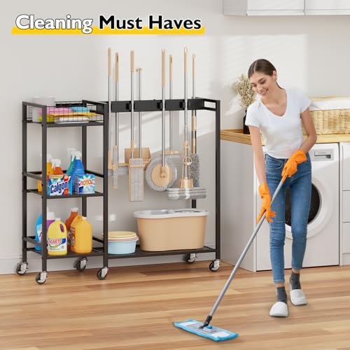 Broom Holder with Cleaning Supplies Organizer, Movable Broom Closet Storage Cabinet with Cleaning Caddy, Cleaning Cart with Mop Rack, Janitorial Housekeeping Cart on Wheels, Laundry Room Organization - size: Large