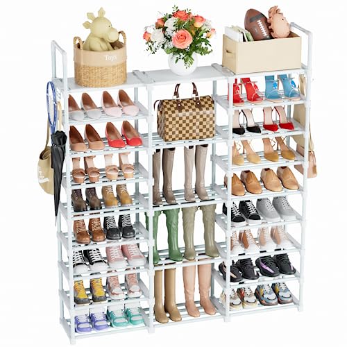Mavivegue 9 Tiers Shoe Rack Tall Shoe Organizer Shoe Storage 50-55 Pairs Vertical Shoe Shelf Large Shoe Rack Organizer Stackable Shoe Racks for Entryway, Closet, Garage, Bedroom,Cloakroom - White - color: White, size: 3 Row 9 Tier