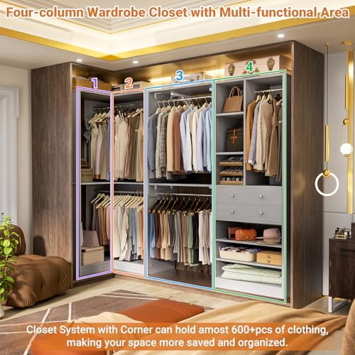 Closet System with 2 Drawers, 5 Hanging Robs, 4 Adjustable Shelves, 90.5"*31.5" Closet Organizer System with Corner Tower, L-shape Walk-in Closet System, Corner Closet System Set of 2, Morandi Grey - color: Morandi Grey, size: 90.5" * 31.5"