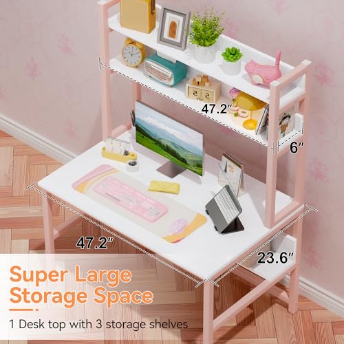 Aquzee Pink Girls Desk Hutch, 47in Woman Computer Desk with Bookshelf & Storage Shelves, Space Saving Girls Writing Study Craft Table for Bedroom Kids Room, White Wood & Pink Iron Home Office Desks - color: Pink, size: 47inch