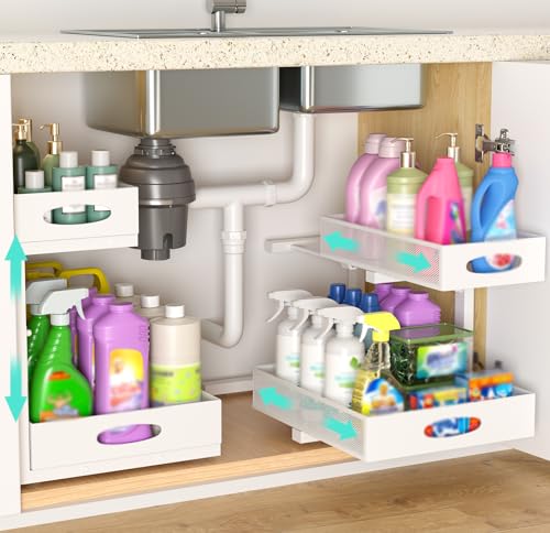 Under Sink Organizer, Extra-Wide Upgrade, 2 Pack 2 Tier Metal Slide Out Cabinet Organizer, Height Adjustable Organization and Storage Series, Bathroom/Cabinet/Kitchen organization, White - color: White - Double Pack, size: Wide Upgraded Version