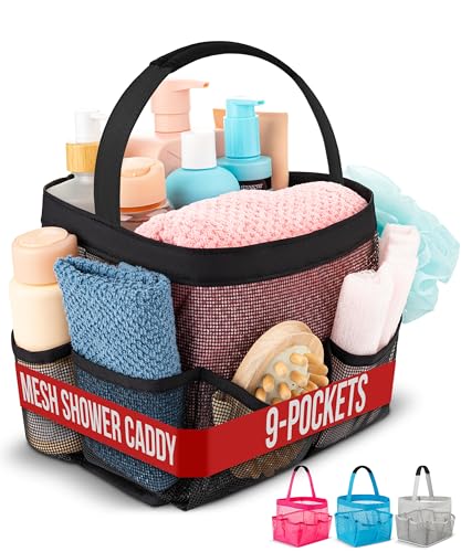 Masirs Shower Caddy Mesh - 9 Pocket Portable Bathroom Organizer Tote for Travel, Gym & Dorm - Collapsible Small Shower Caddy Bag to Hold Toiletries & Essentials (Black) - color: Black