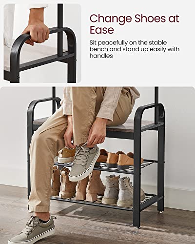 VASAGLE Coat Rack, Hall Tree with Shoe Bench for Entryway, Entryway Bench with Coat Rack, 4-in-1, with 9 Removable Hooks, a Hanging Rod, 13.3 x 28.3 x 72.1 Inches, Greige and Black UHSR40MB - color: Greige + Black, size: 28.3"W