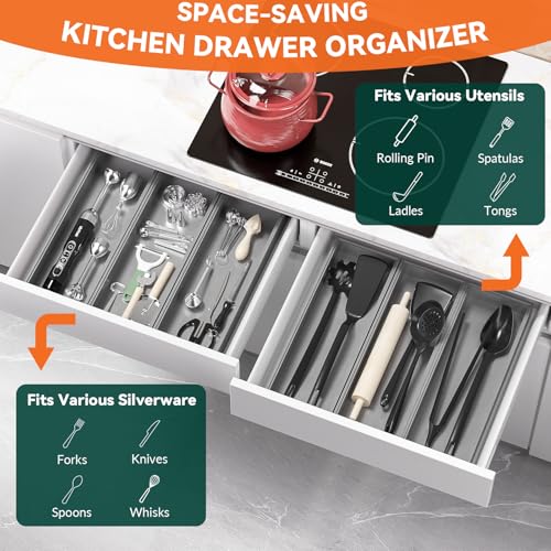 Lixple Bamboo Drawer Organizer, Extra Large Silverware Organizer for Kitchen Drawer, Stackable Utensil Organizer, 2 Pcs Toilet Tank Topper Tray, Wooden Toilet Paper Basket (Silver, 17 X 6 X 2 Inch) - color: Silver, size: 17 x 6 x 2 Inch