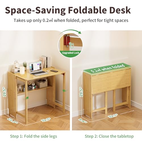 Bamboo Foldable Desk, Folding Desks for Small Spaces, Mid Century Small Computer Desk with Bookshelf for Bedroom Home Office, Natural - color: Natural, size: 21.3"D x 32.7"W x 29.5"H
