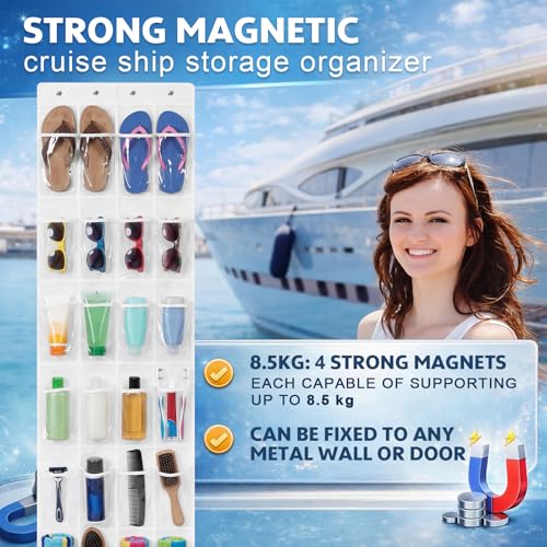 Watersay over the Door Organizer for Cruise Ships Magnetic 65 x 19 Inch Hanging Door Organizers with 24 Pocket, Magnetic Shoe Rack Storage Bag for Cruise, Bathroom Behind-door Storage