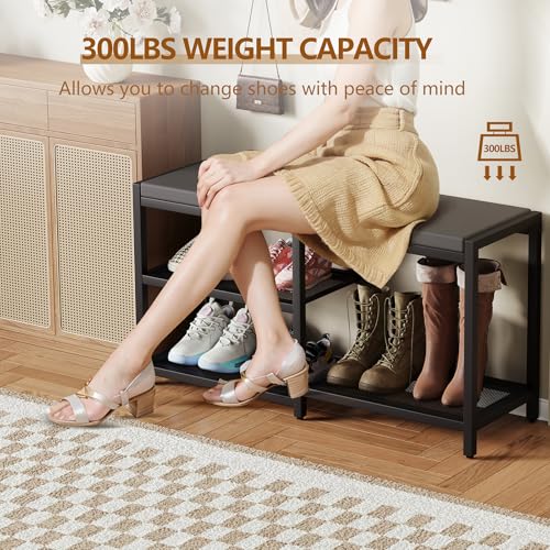ZHOOGE Shoe Bench & Rack Storage Bench - Entryway Bench with Seat Cushion, Stable Organizer for Entryway & Living Room, Holds Up to 300 lb, (35" L x 12" W x 17" H, Black) - color: Black, size: 35"L x 12"W x 17"H