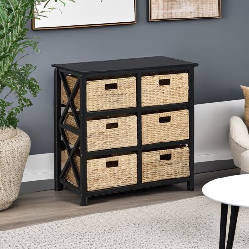 eHemco 3 Tier X-Side End Storage Cabinet with 6 Wicker Baskets, Black - color: Black, size: 15.5"D x 29.3"W x 30"H (6 Drawers)