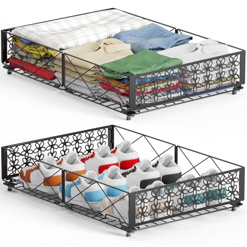 Under Bed Storage with Wheels, Rollable Under Bed Storage Container, Foldable Metal Under Bed Organizer for Bedroom Clothes Shoes Blankets Storage (2black, Black) - style: 2 Pack