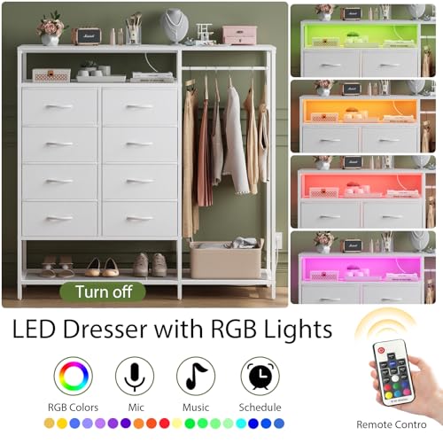 White Dresser for Bedroom with 8 Drawers, Bedroom Dressers with Hanging Rack, Clothes Storage Cabinet with Led Lights & Charging Station, 47 Inch Chest of Drawers with Shelves for Bedroom, Closet - color: White, size: 11.8"D x 39.4"W x 31.5"H (8 Drawers)